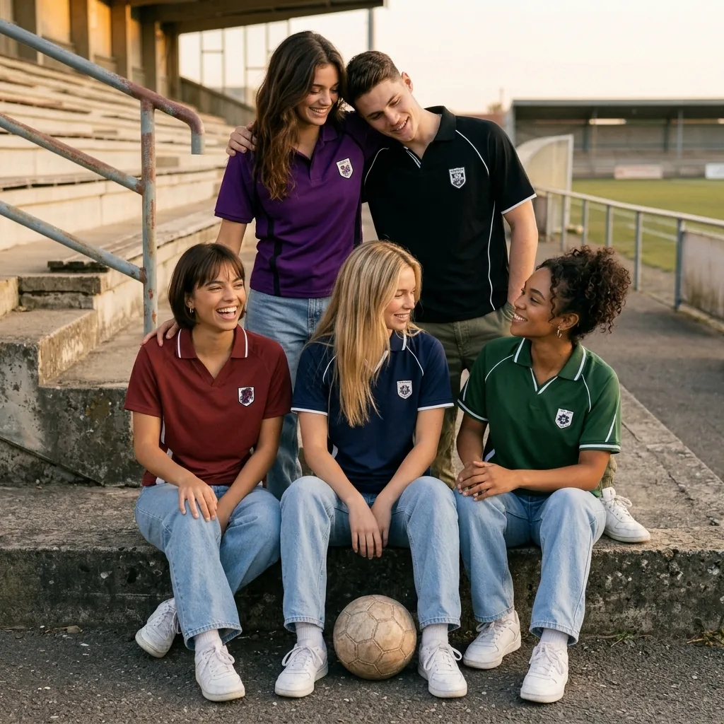 Cinq amis en polos Rospeli de cinq coloris, assis sur les gradins d’un stade de foot